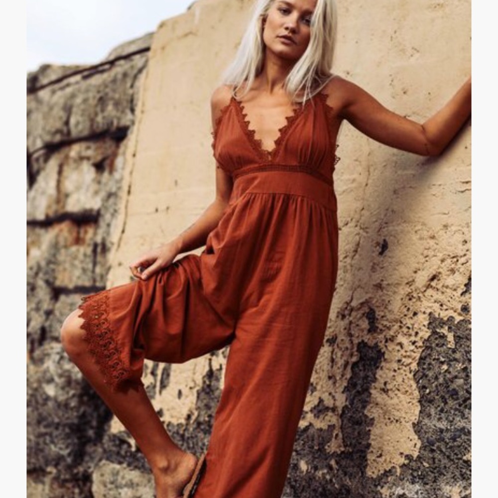 Billabong Rust Brown Lace-Trim Jumpsuit
